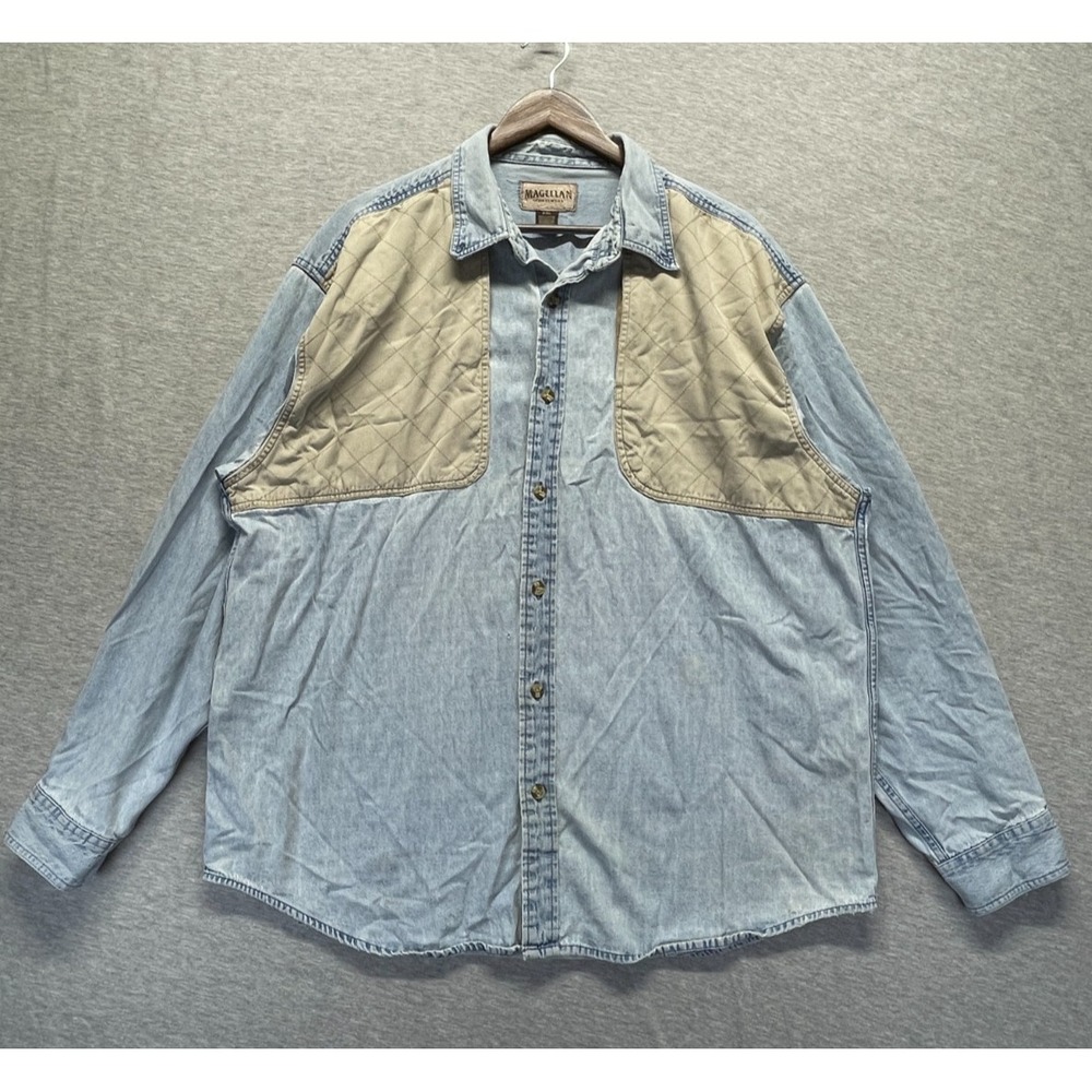 Magellan Sportswear Denim Shirt Men 2XL Blue Quilted Detail Button Front Hunting